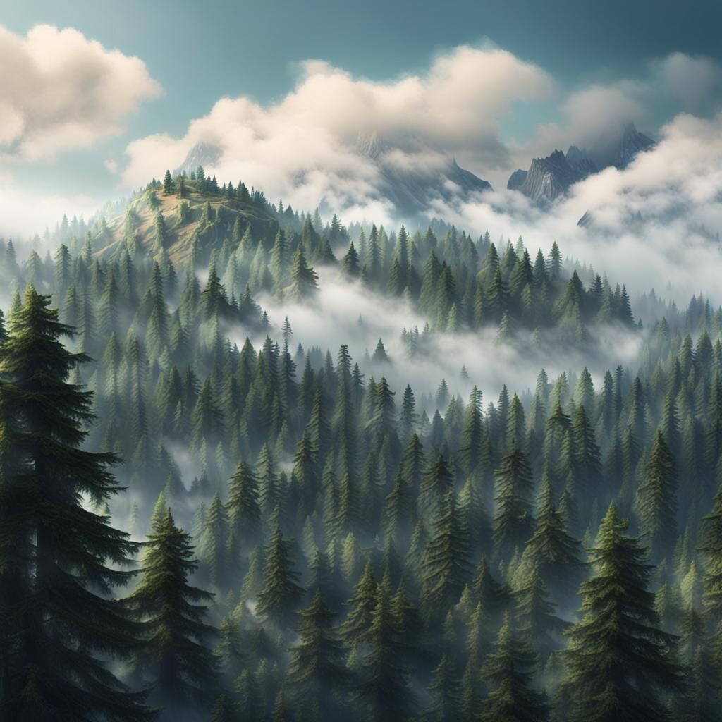 Pine Forest Mountainscape in Atmospheric Matte Painting
