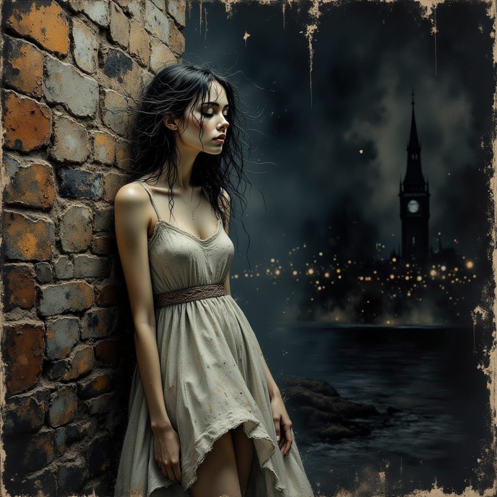 Woman Leaning on Brick Wall in Noir Style