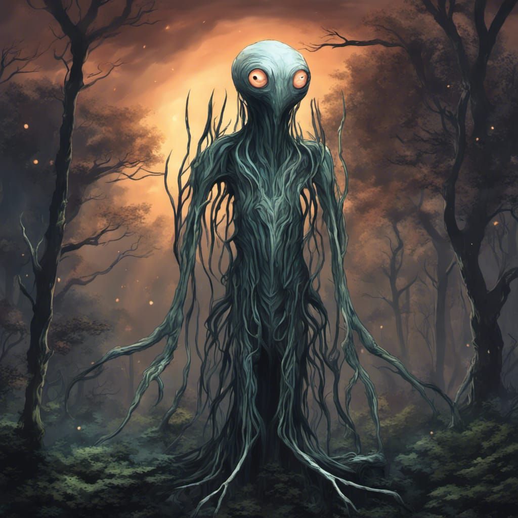 Eerie Creature with Glowing Eyes in Dark Forest