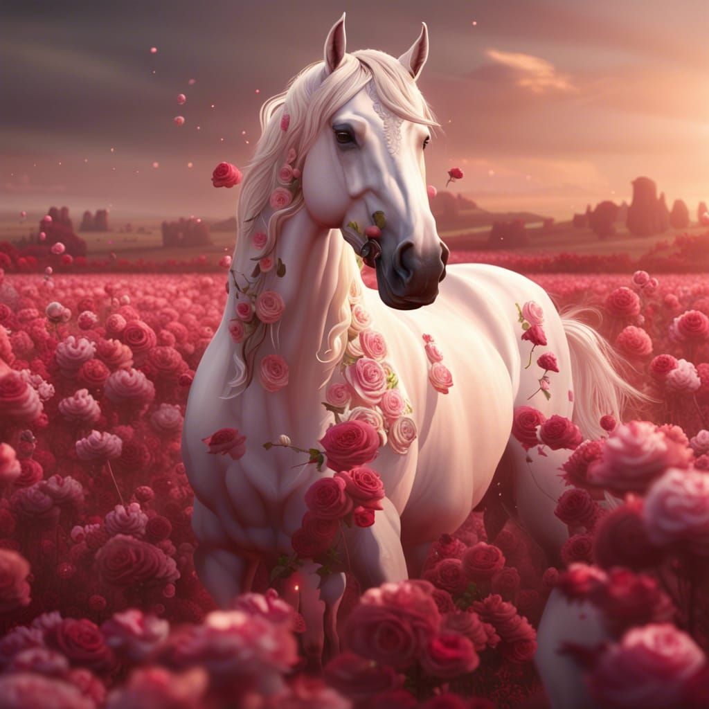 Cremello Horse in Rose Field: Detailed Matte Painting