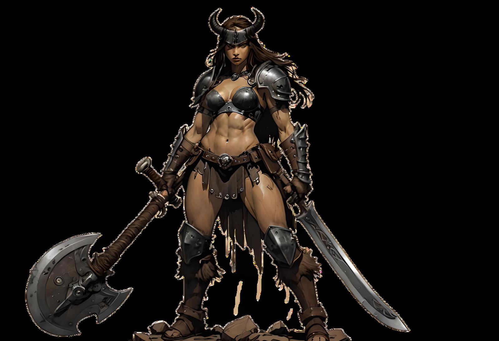 Female Barbarian with Double Axe and Mechanical Background