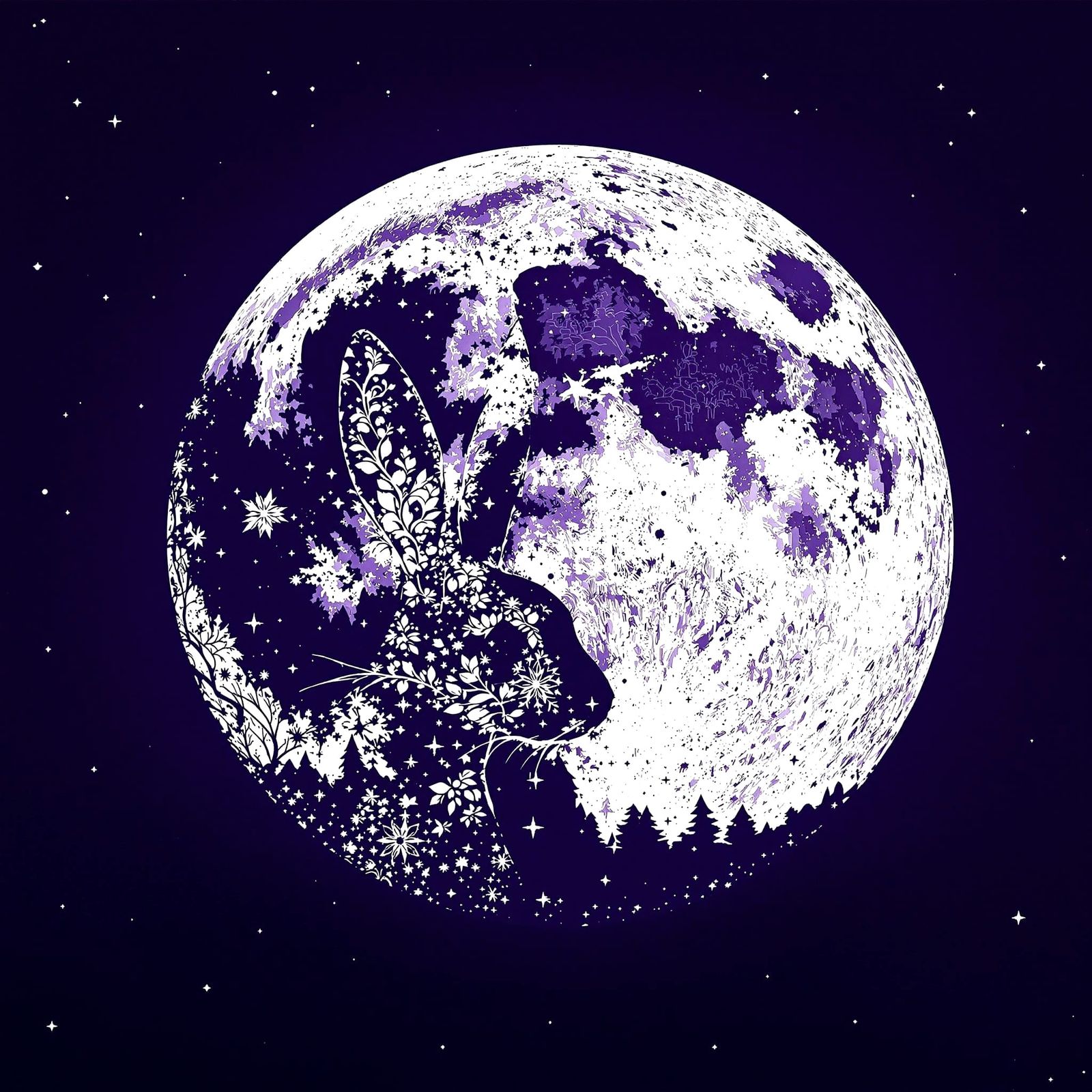 Moon Silhouette with Intricate Rabbit Pattern in Deep Violet