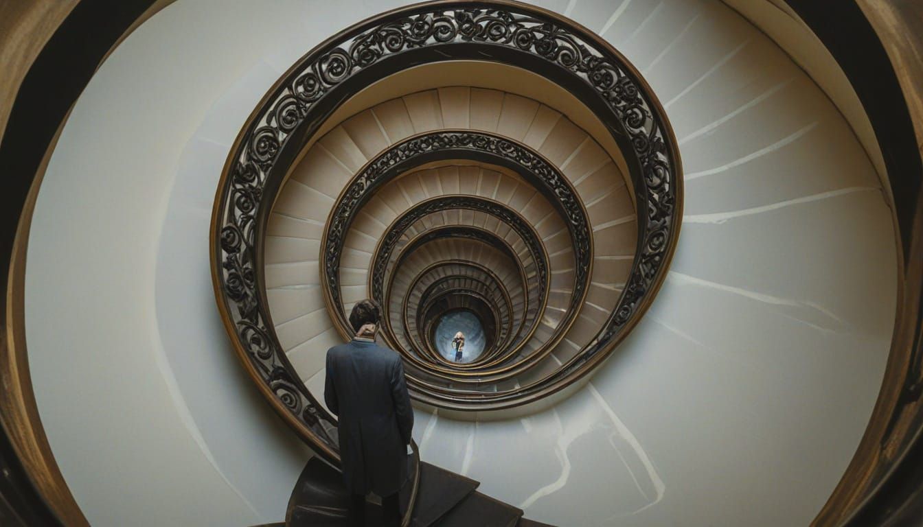 A man stands on the edge of an infinitely spiraling staircase