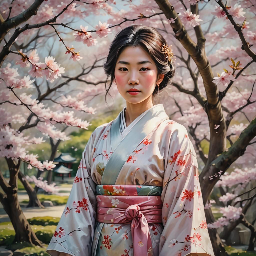 Japanese Princess Portrait in Serene Garden, Oil on Canvas