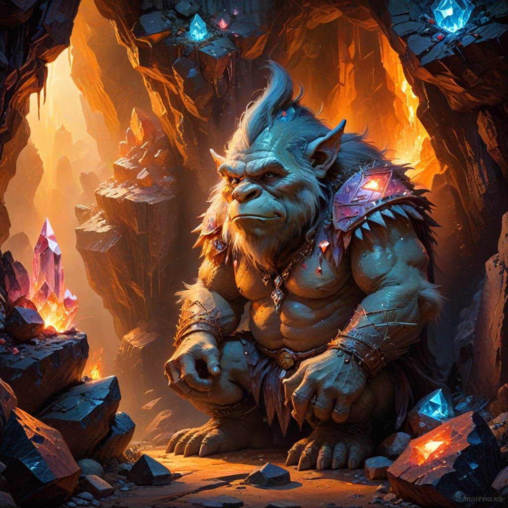 Troll Guarding Crystal Cave as Impasto Painting
