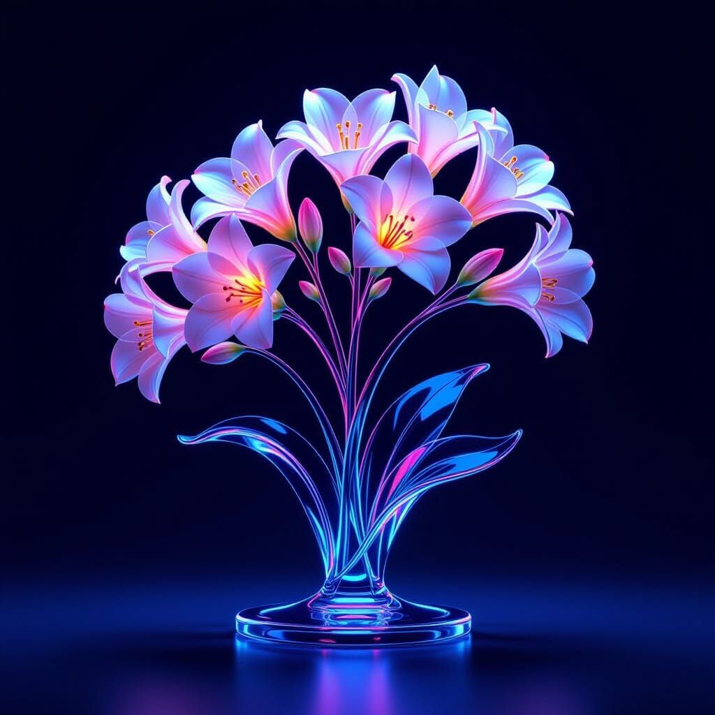 Breathtaking Glass Art Freesia Branch in Synthwave Neon Styl...
