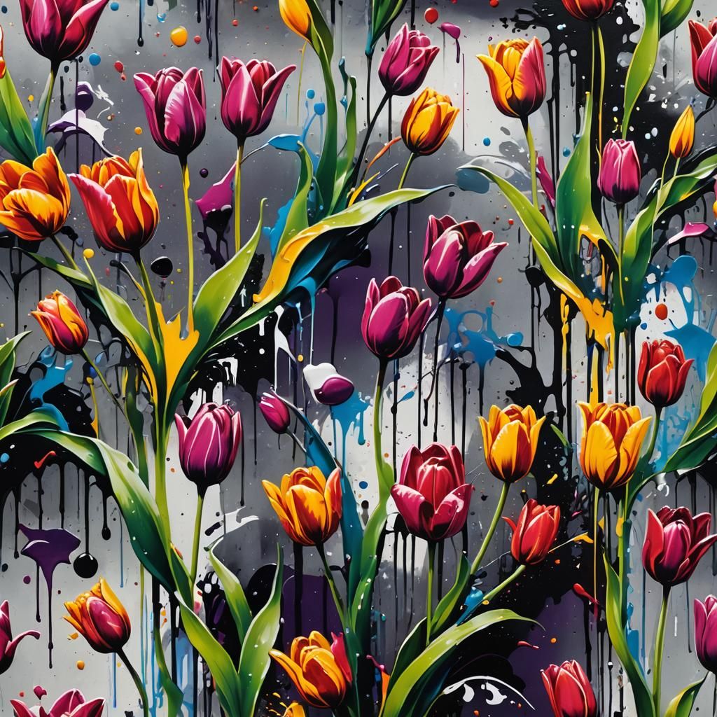 Tulip Graffiti Art in Polychromatic Splash Style
