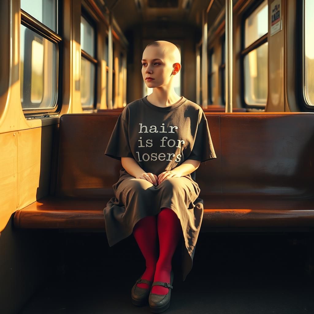 Intimate Portrait of Bald Woman on Train Bench