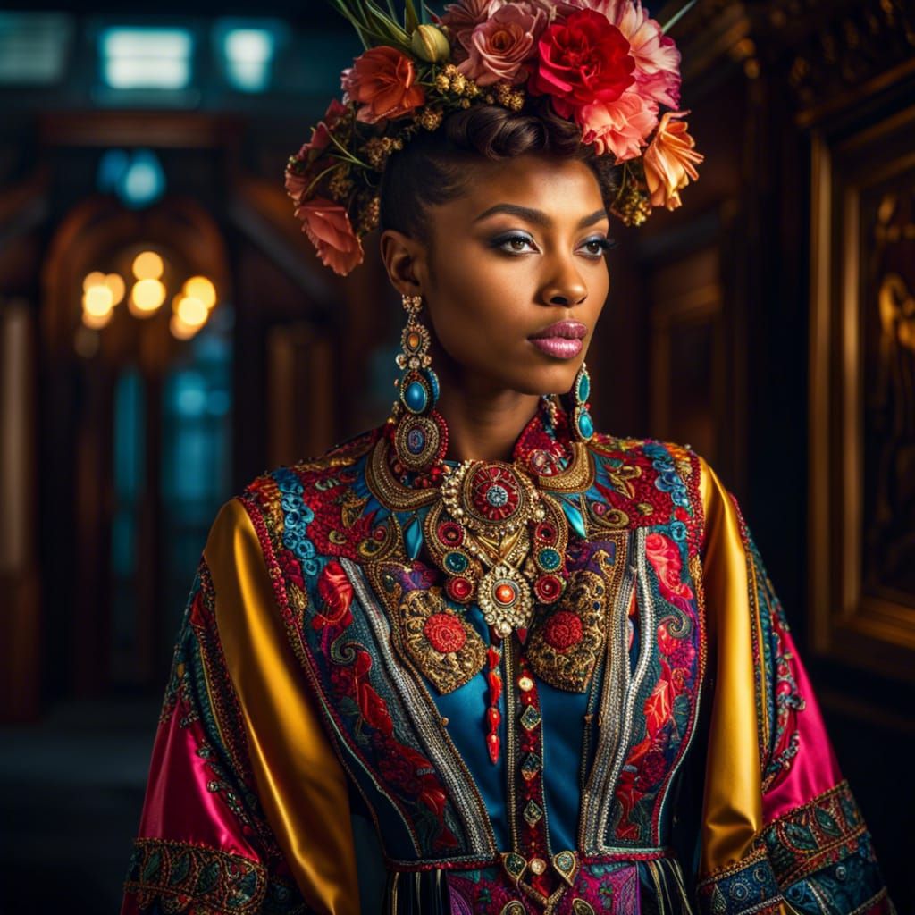 Hyperrealistic Portrait of Fashion Model in Gaudy Clothes