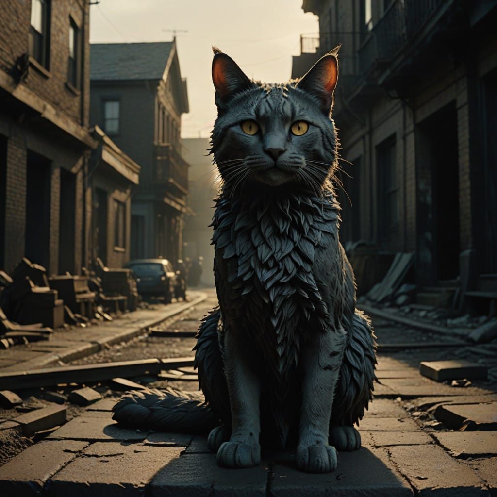 Majestic Clay Cat Statue in Dramatic 35mm Film Aesthetic