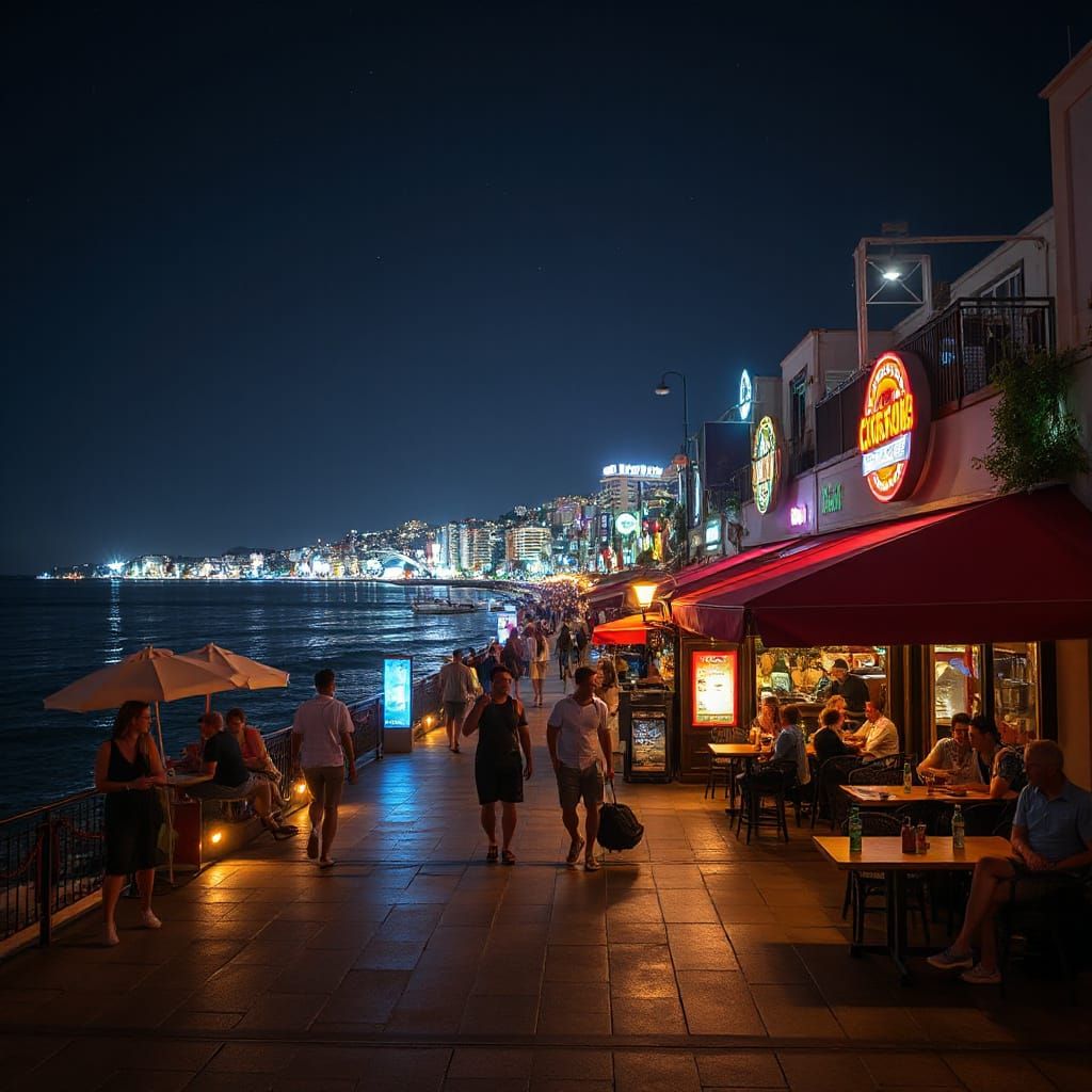 Vibrant Seaside Boulevard at Night with Warm Lighting