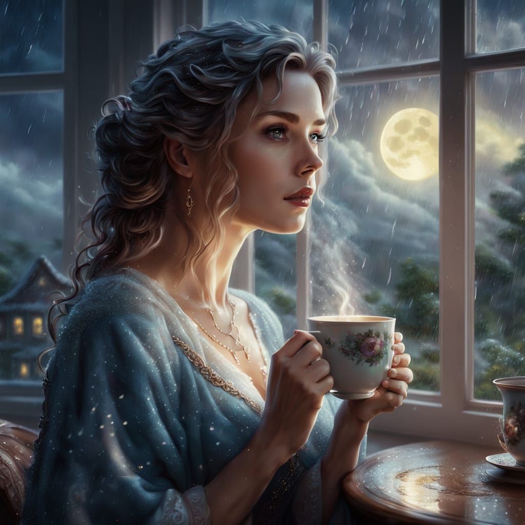 Ethereal Woman with Tea in Rainy Nightscape