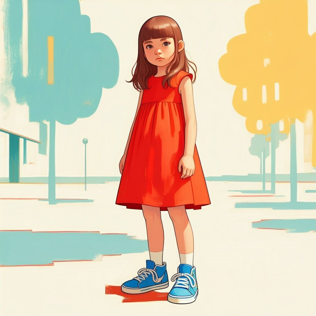 Girl in Red Dress, Whimsical Art Style