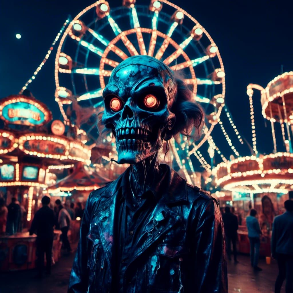 Macabre Clowns at a Funfair Under Moonlight