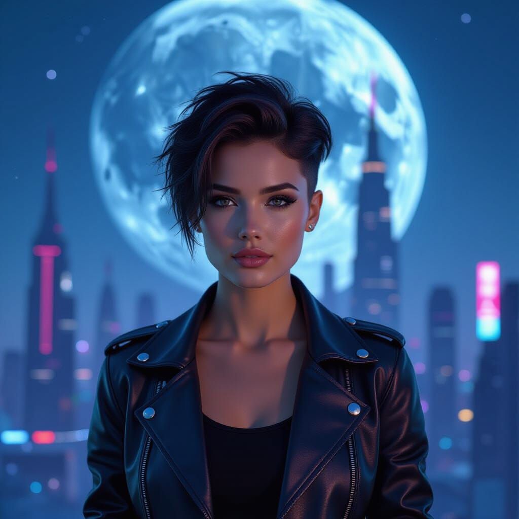 Cyberpunk Woman in Lunar Cityscape