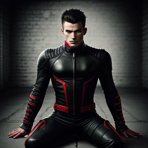 Muscular Man in Leather Biker Suit in Dungeon
