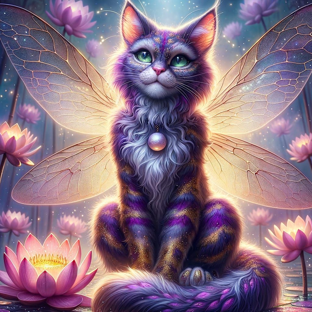 Colossal Cat Fairy in Luminous Lotus Landscape