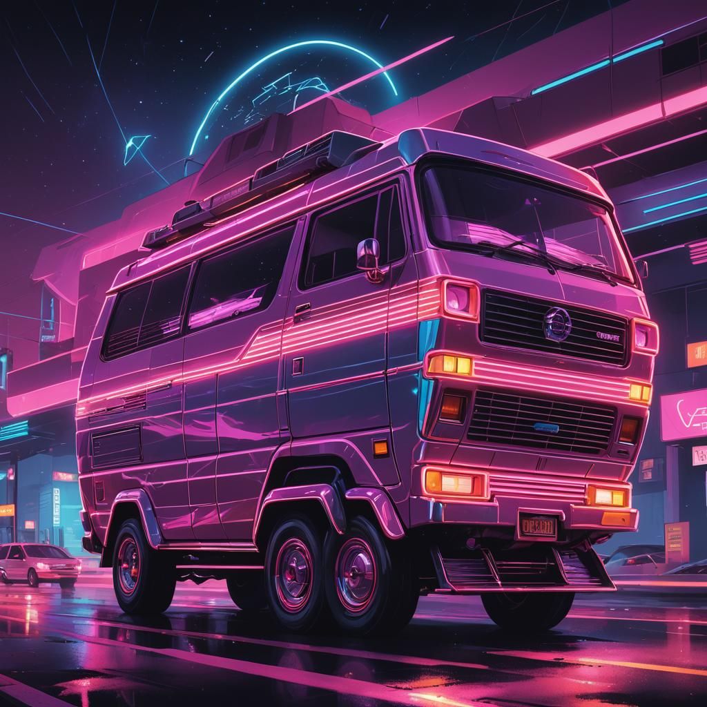 Synthwave Autovan in Neon Retro Flight