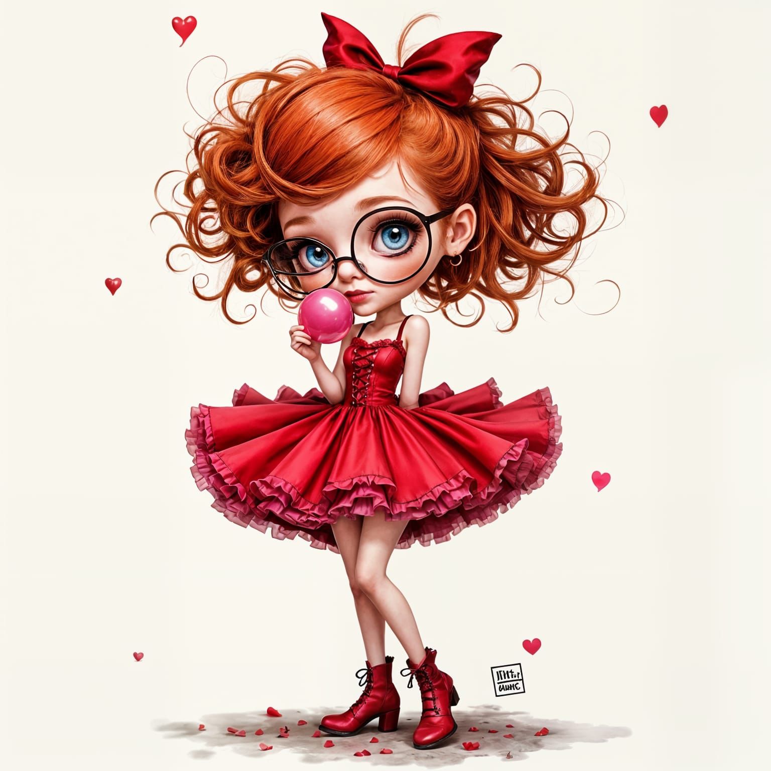 Whimsical Redhead Girl in Red Dress Animated Style