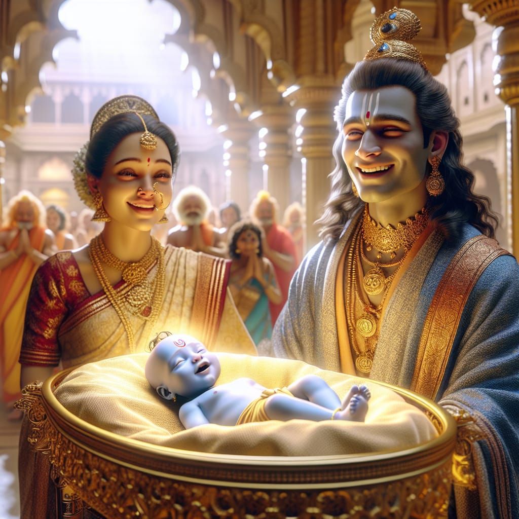 Divine Baby in Golden Cradle with Royal Parents