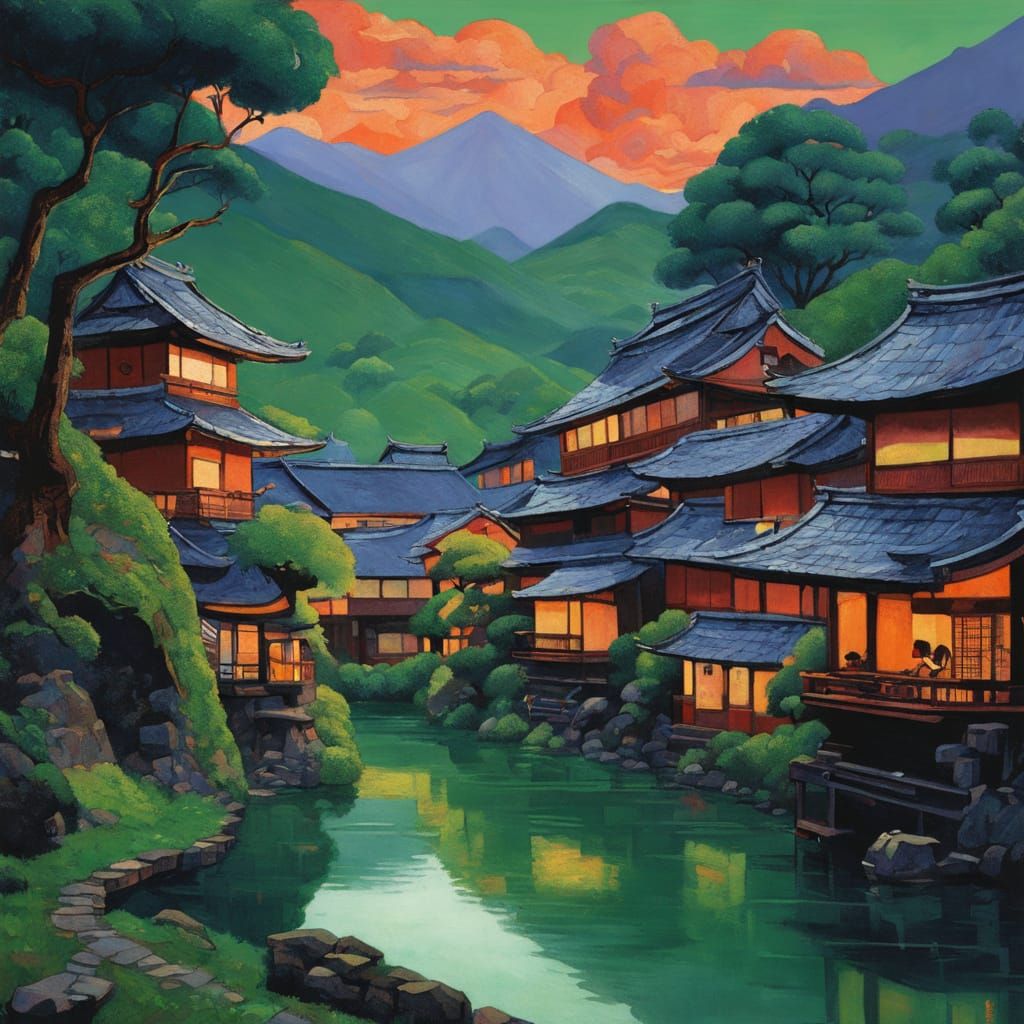 Surreal Japanese Village Landscape in Neo-Impressionist Styl...