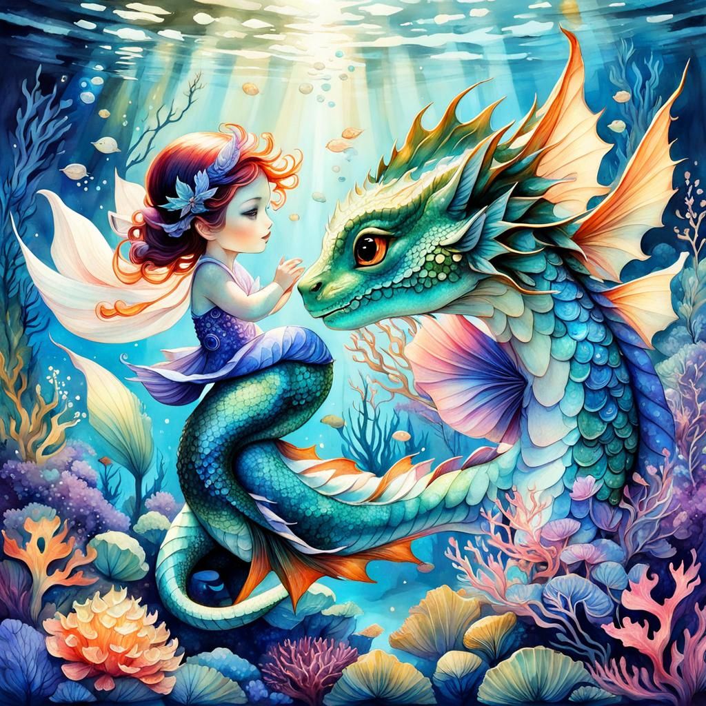 Mermaid and Baby Dragon Underwater Fantasy