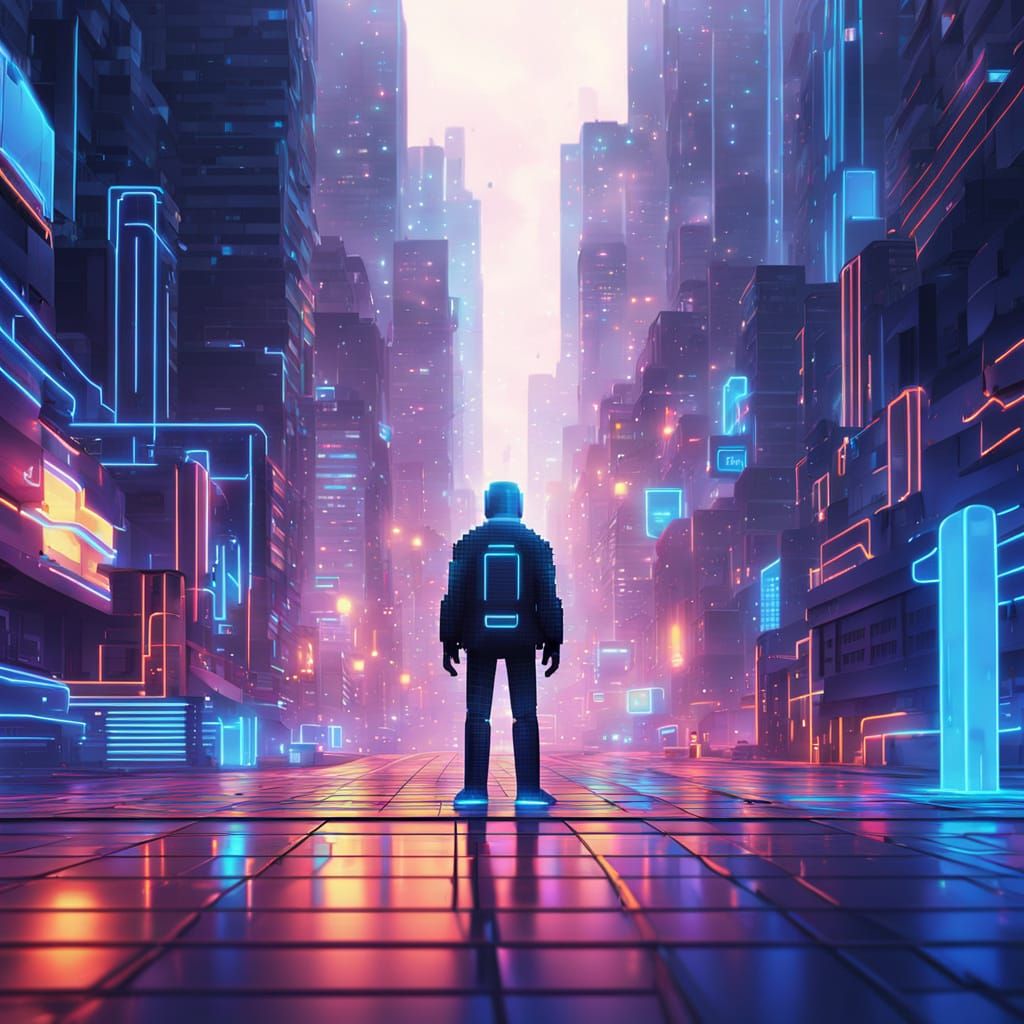 Cube Man in Neon City: Pixel Art Style