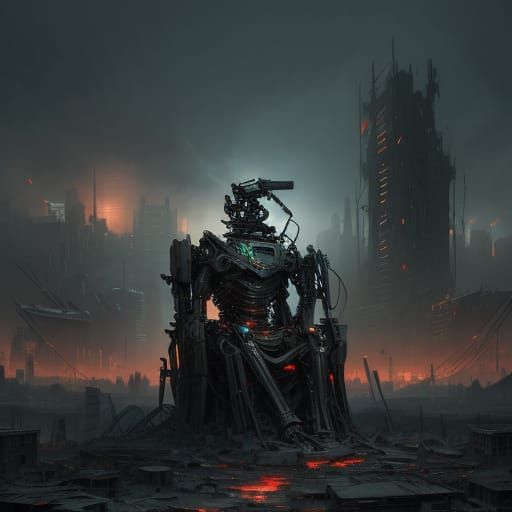 Robot in Destroyed City, Detailed Digital Painting