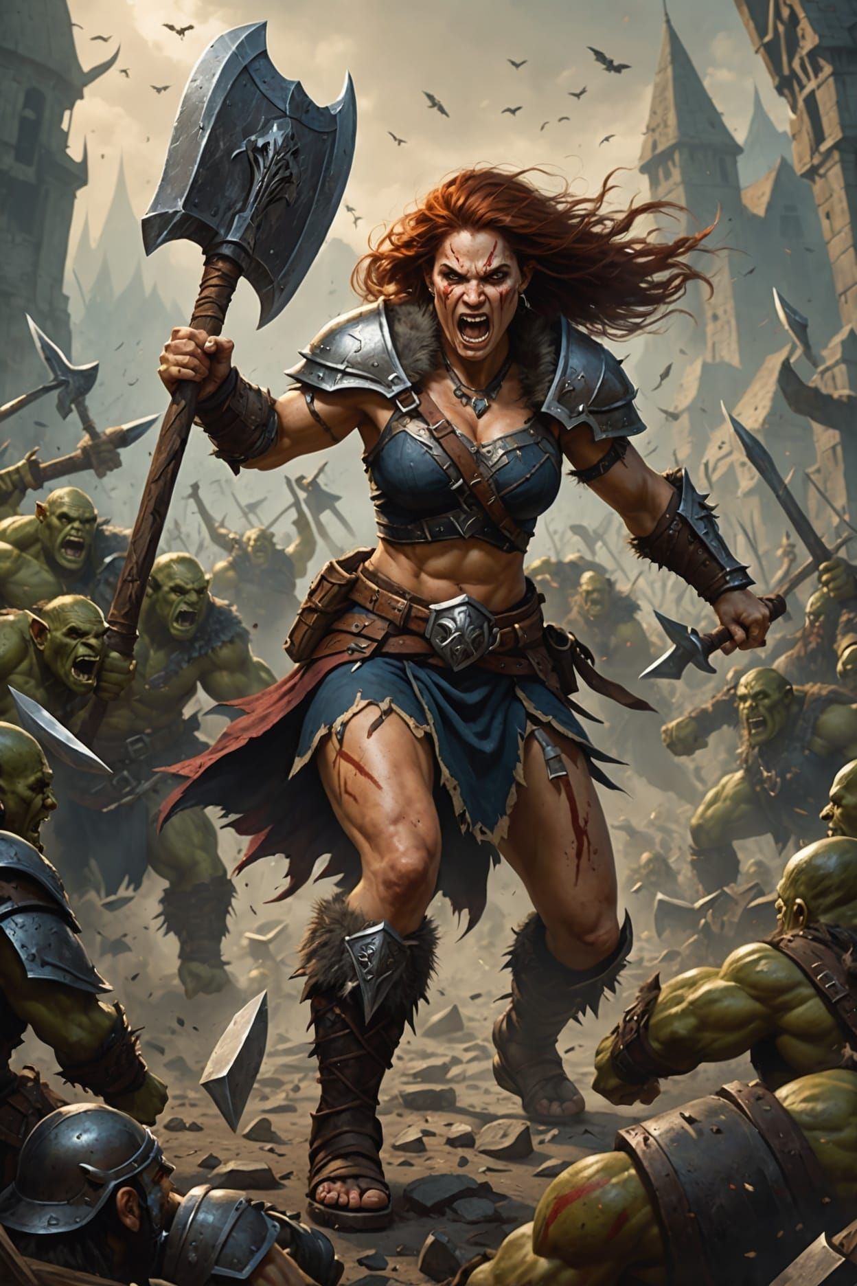 Barbarian Warrior Charges Orc Horde