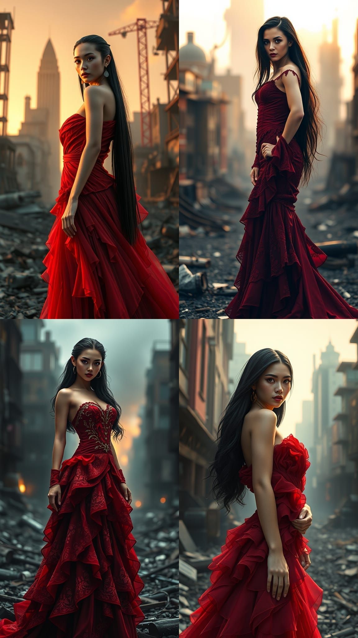 Model in Crimson Gown: 3D Render in Post-Apocalyptic City