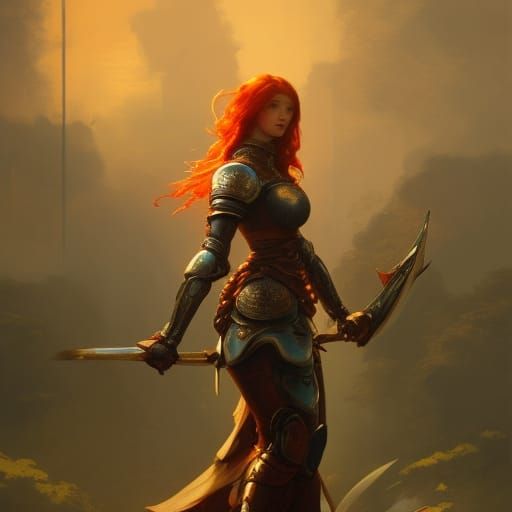 Redhead Knight in Armor, Art Nouveau Cel-Shaded Style