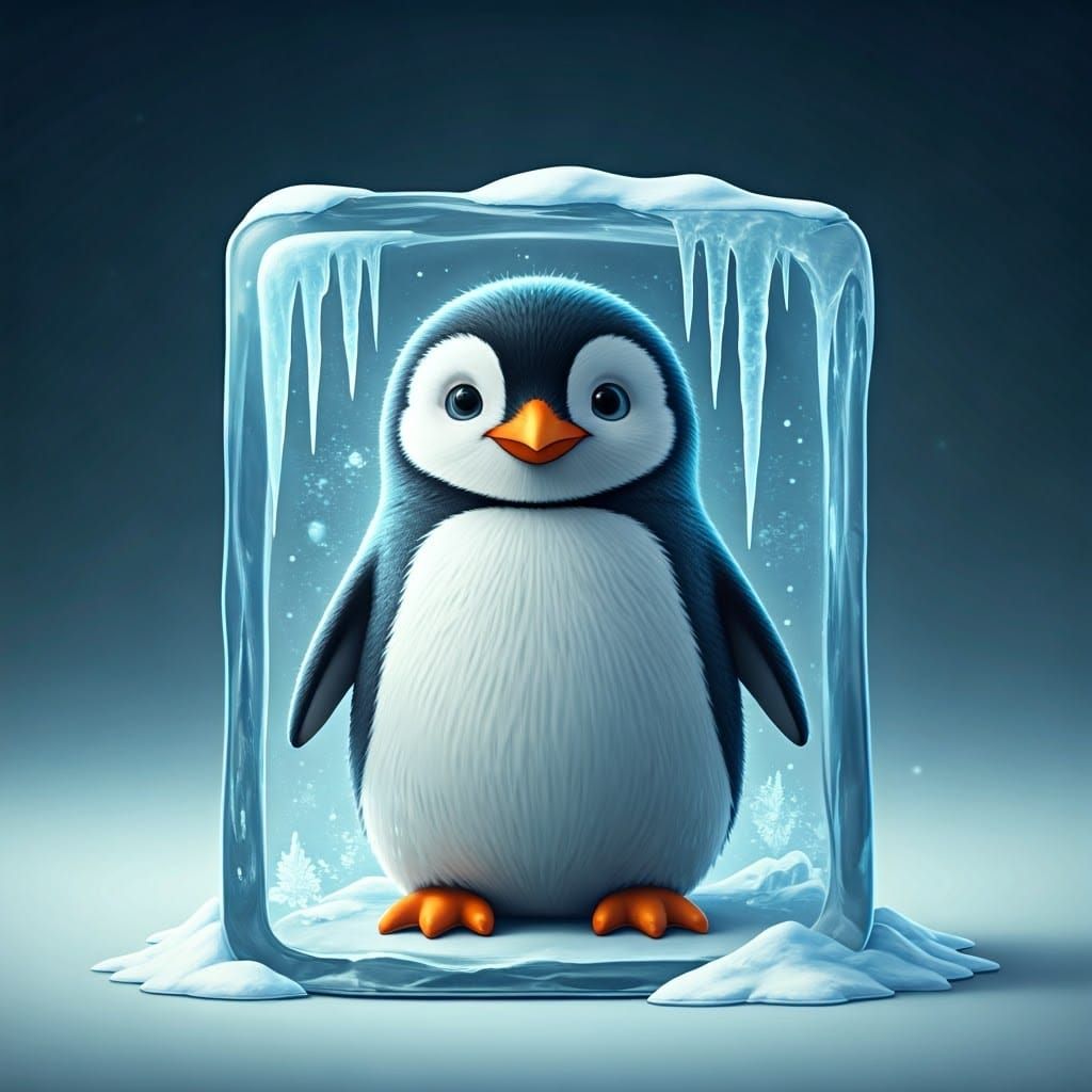Surreal 3D Penguin Frozen in Ice with Frosty Patterns