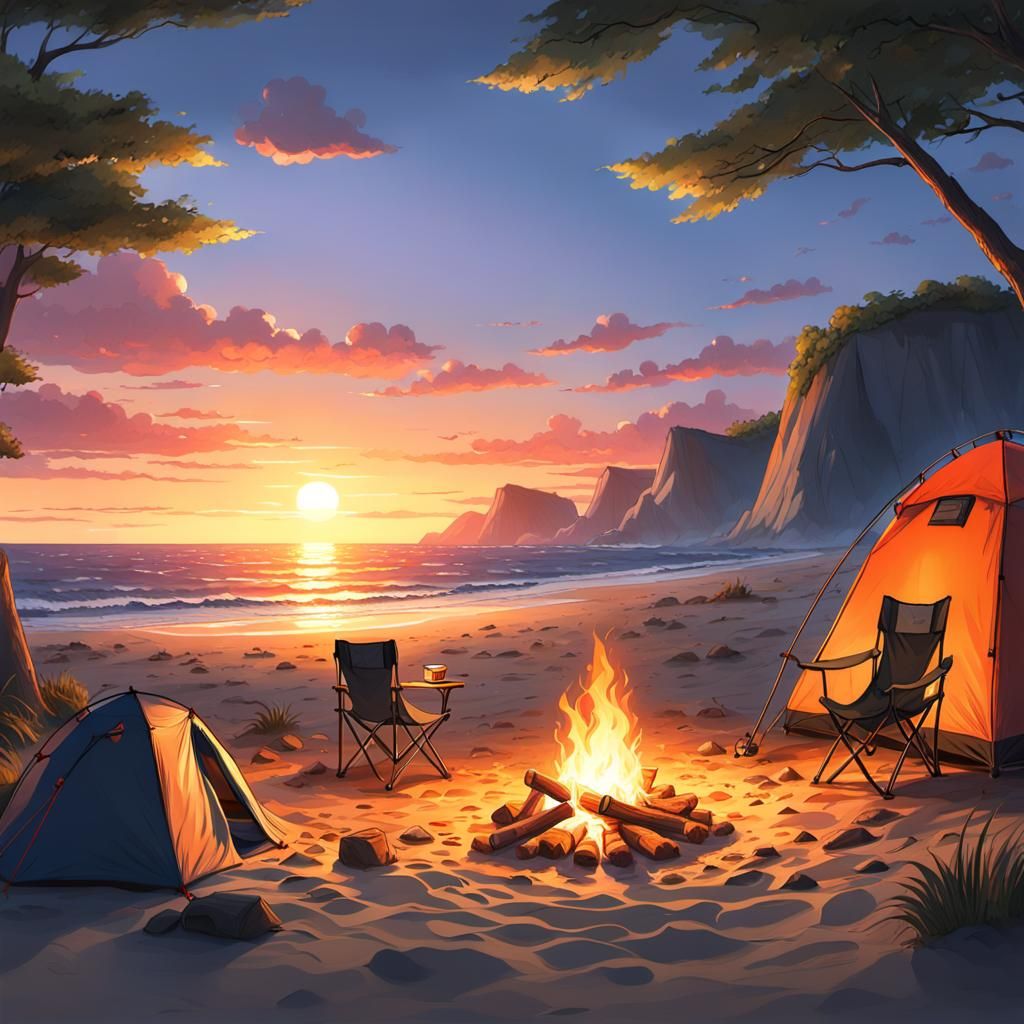 Beach Camping at Sunset: 3D Anime Art