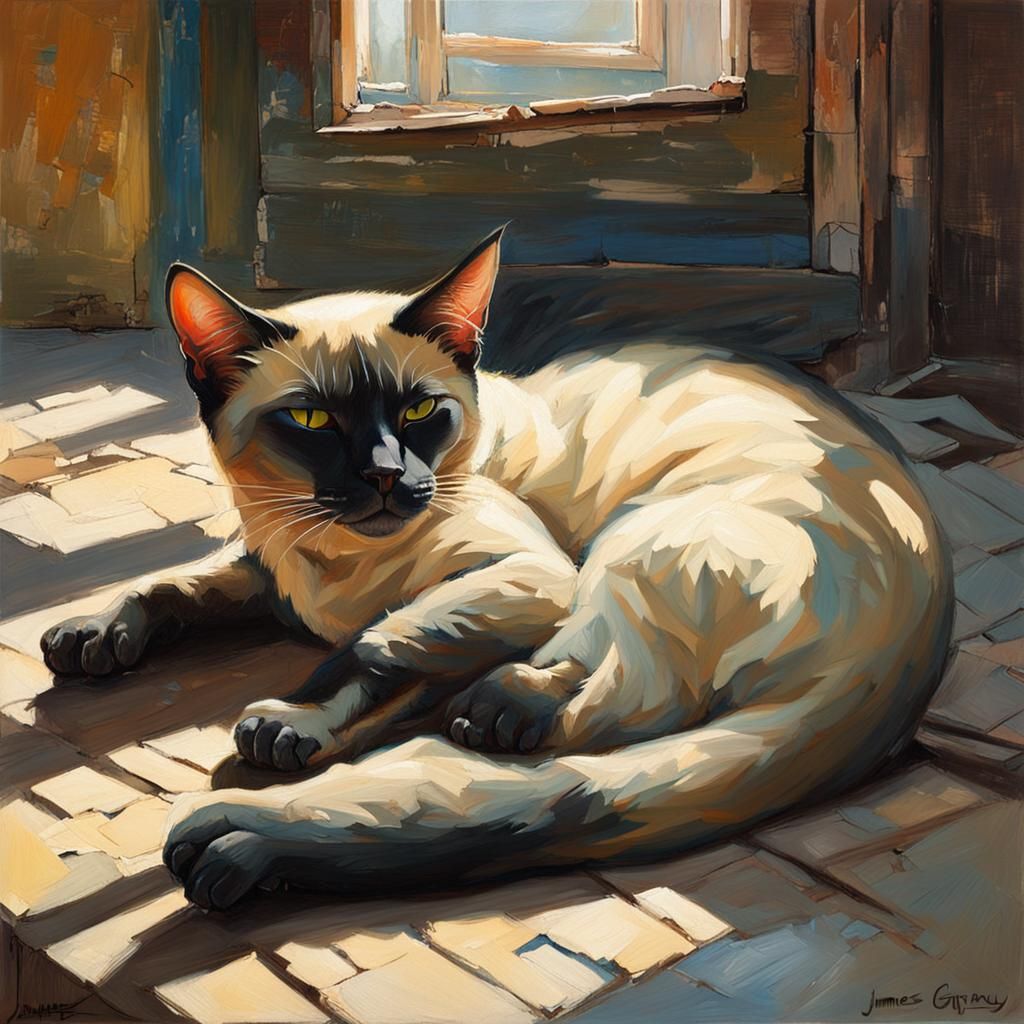 Siamese Cat Sunlight Nap as Oil Painting
