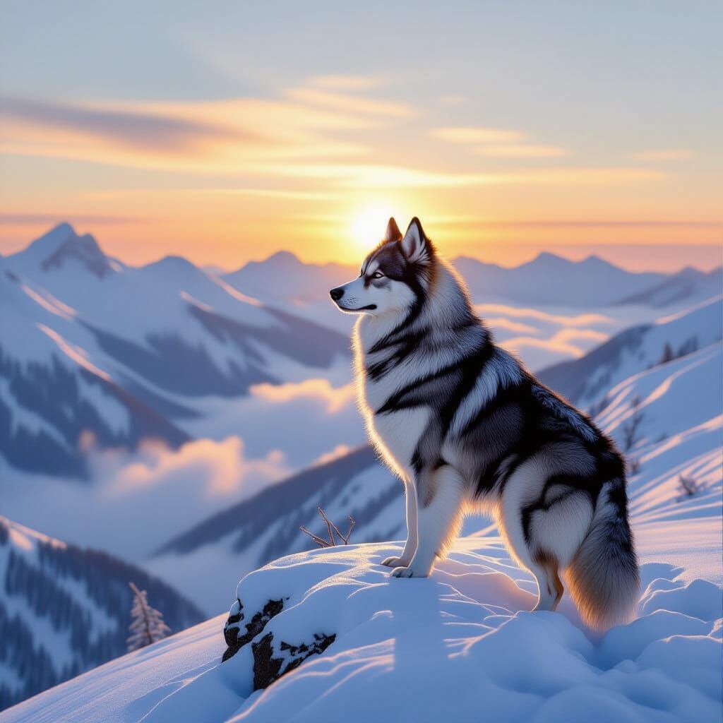 Norwegian Elkhound on Snow-Covered Peak as Oil Painting