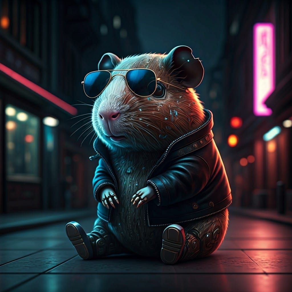 Cyberpunk Robotic Guinea Pig in Neon Cityscape