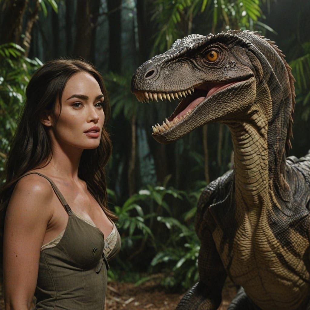 Megan Fox and Velociraptor in Epic Cinematic Film Still