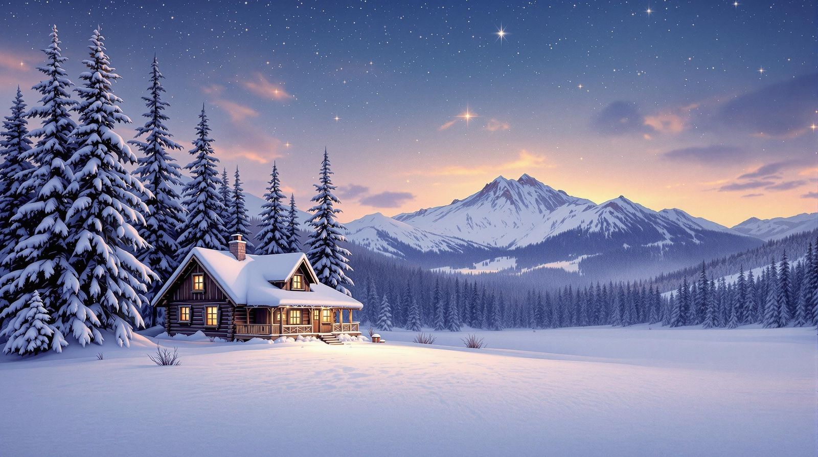 Winter Cabin Scene at Night in a Snowy Pine Forest
