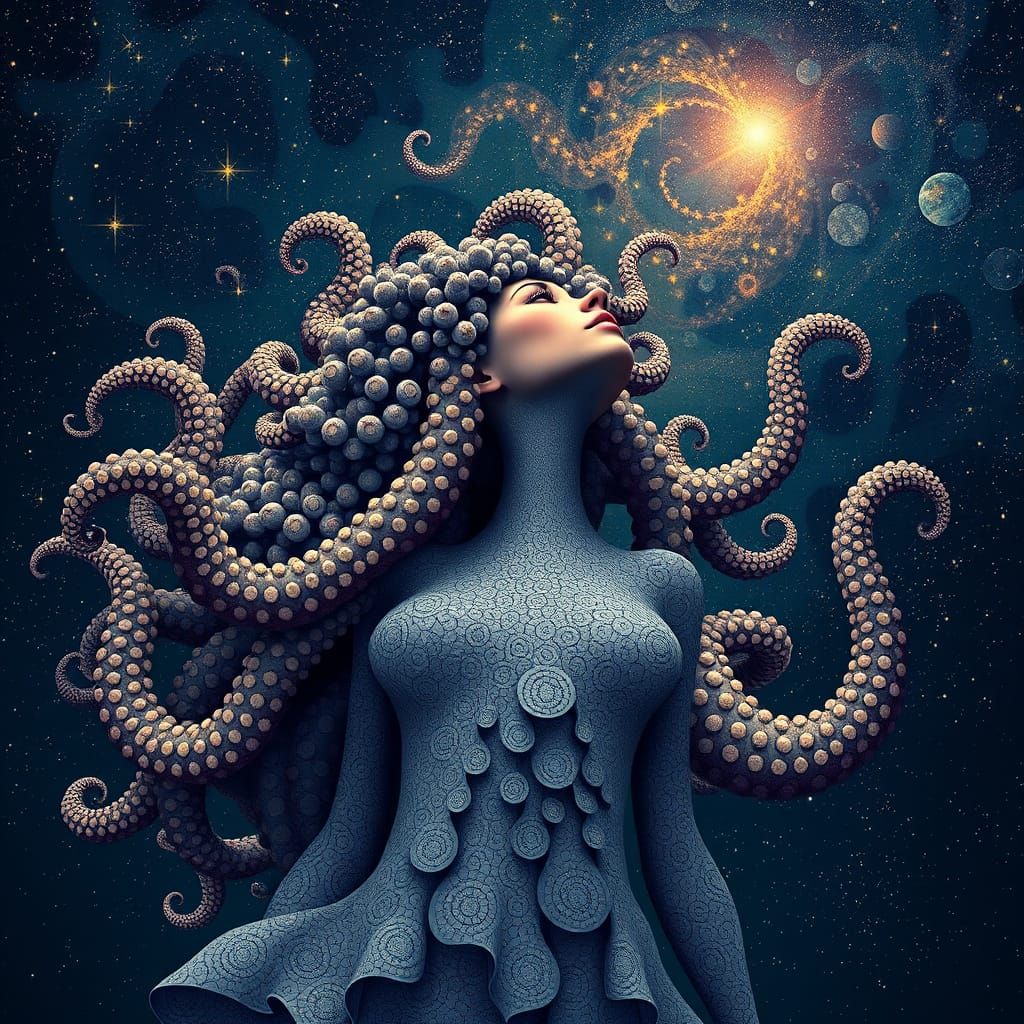 Woman with Tentacle Hair in Abstract Fractal Style