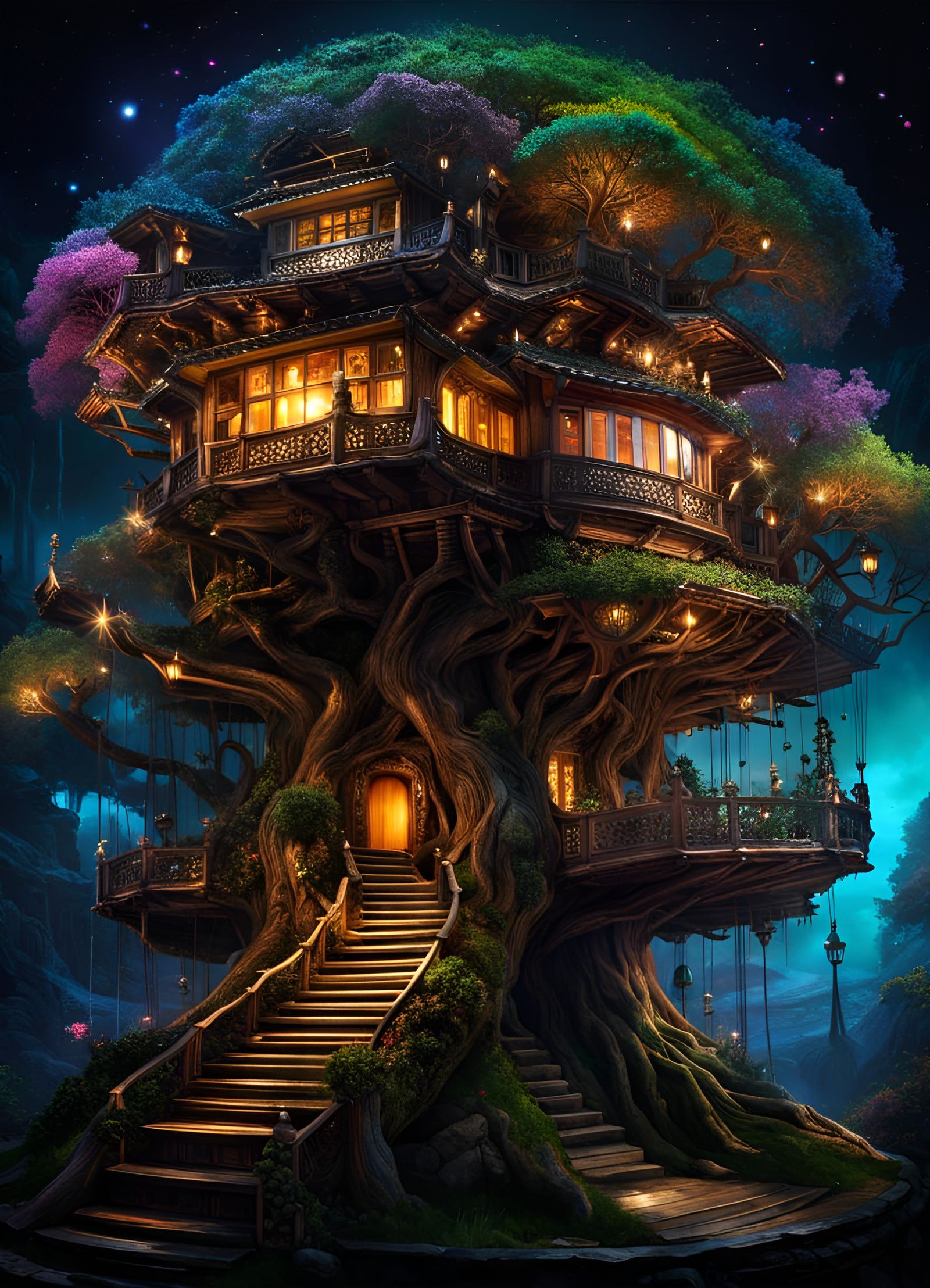 Intricate Faerie Treehouse in Bonsai, Fantasycore Art