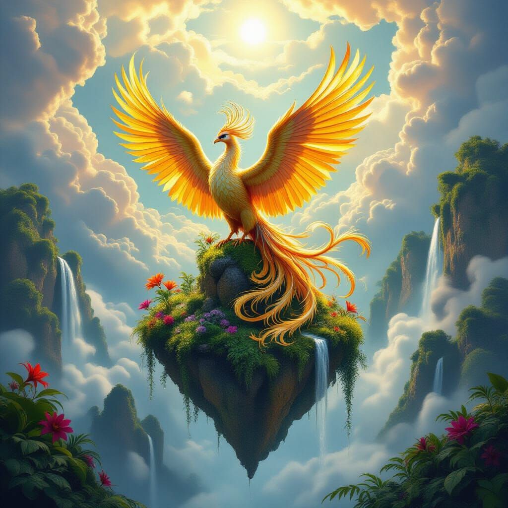 Golden Phoenix on Floating Island, Hyperrealistic Detail