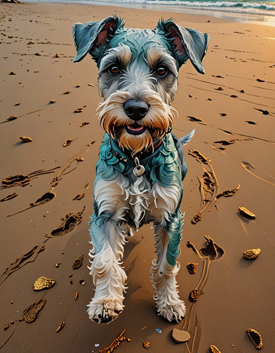 Miniature Schnauzer Runs Free on Vibrant Beach in Impression...