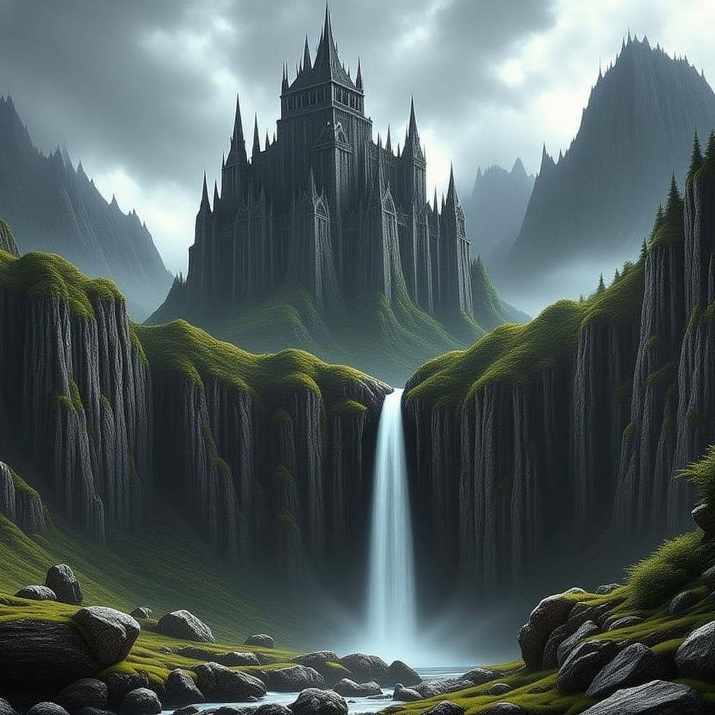 Enchanted Mountain Fortress with Majestic Waterfall in Vibra...