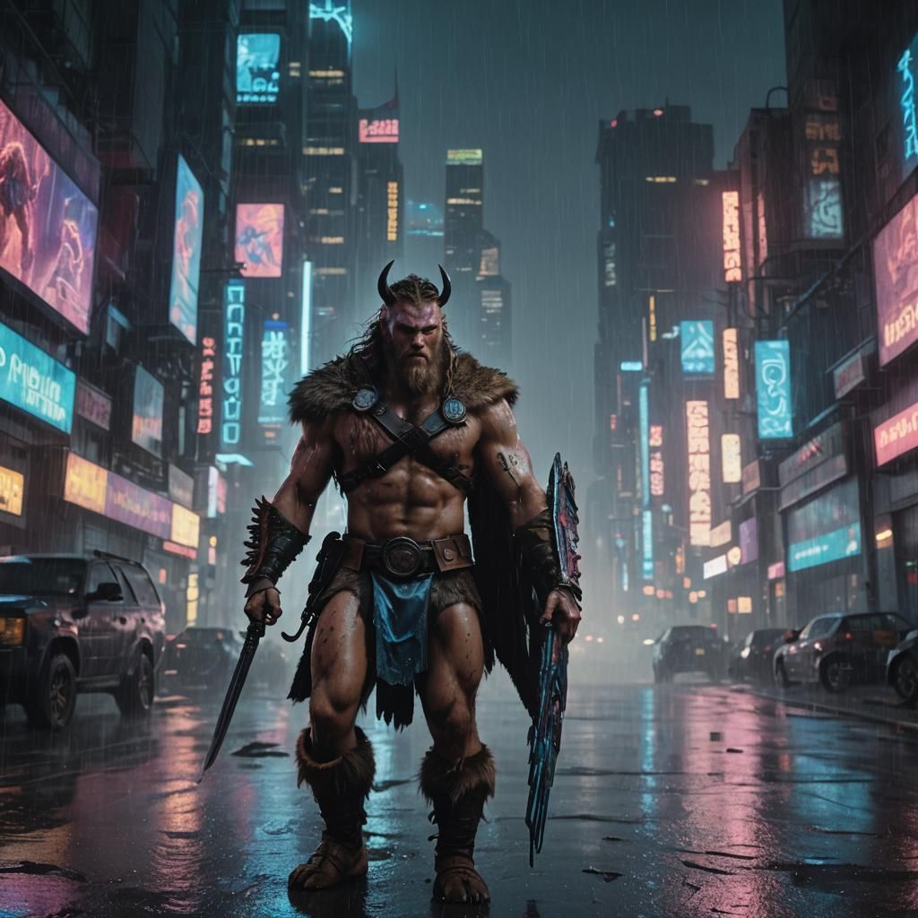Cyberpunk Viking Warrior in Neon Cityscape