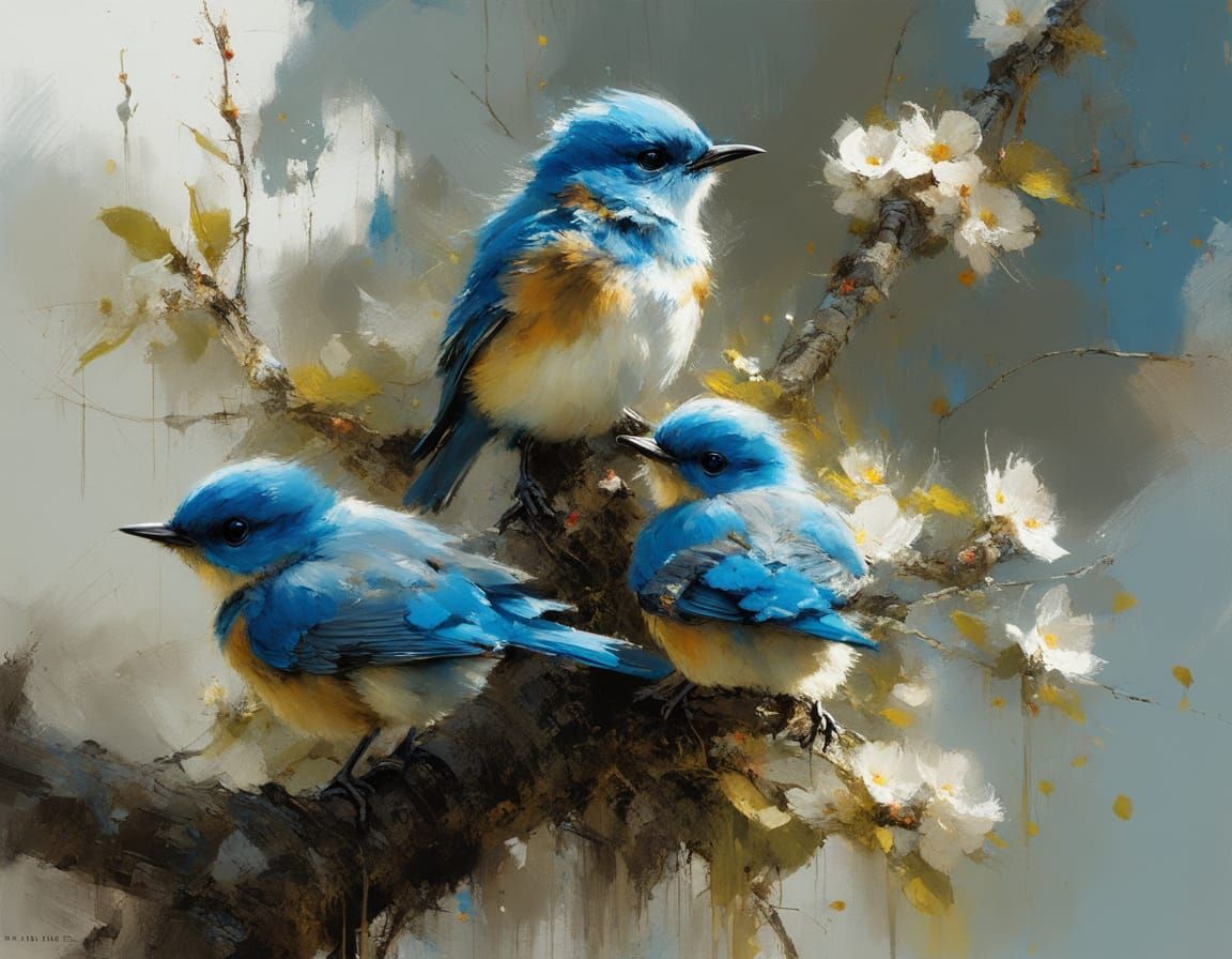 Bluebird Chicks in Apple Blossoms, Matte Painting