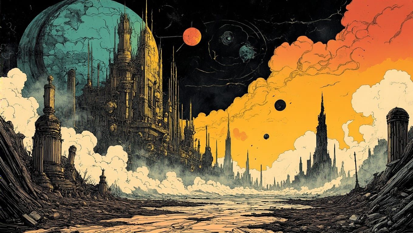 Epic Sci-Fi Space Scene in Steampunk Style