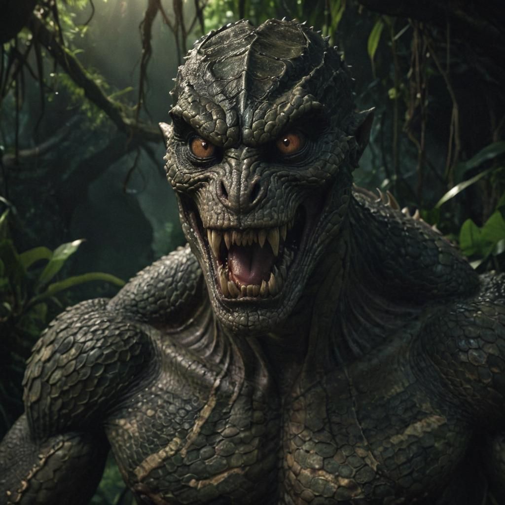 Mysterious Reptilian Creature in Dark Jungle, HDR