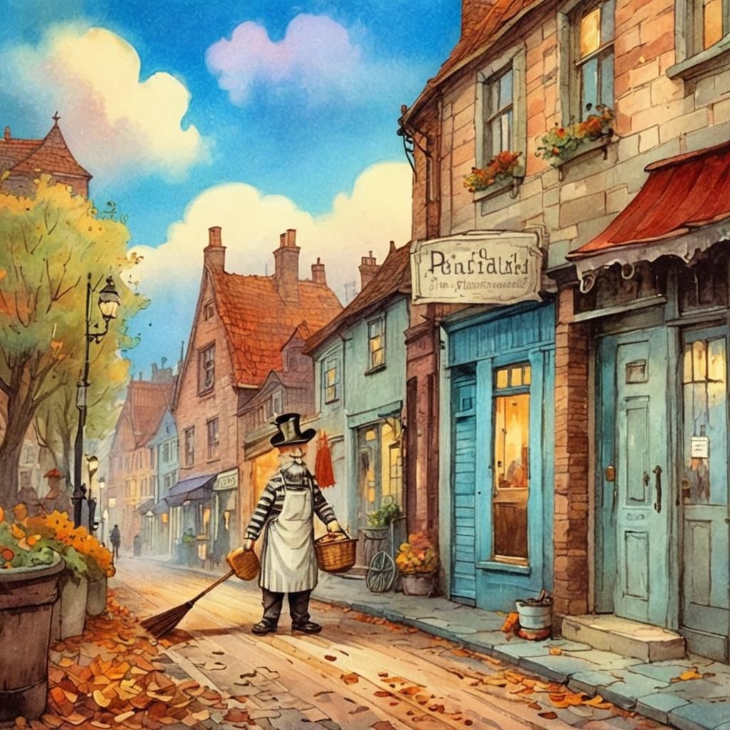 Victorian Janitor Sweeping Autumn Street: Whimsical Illustra...