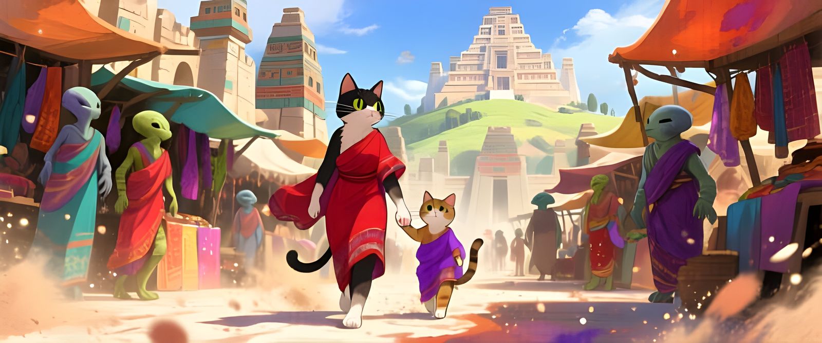 Anthropomorphic Cats in Aztec Marketplace, Digital Art