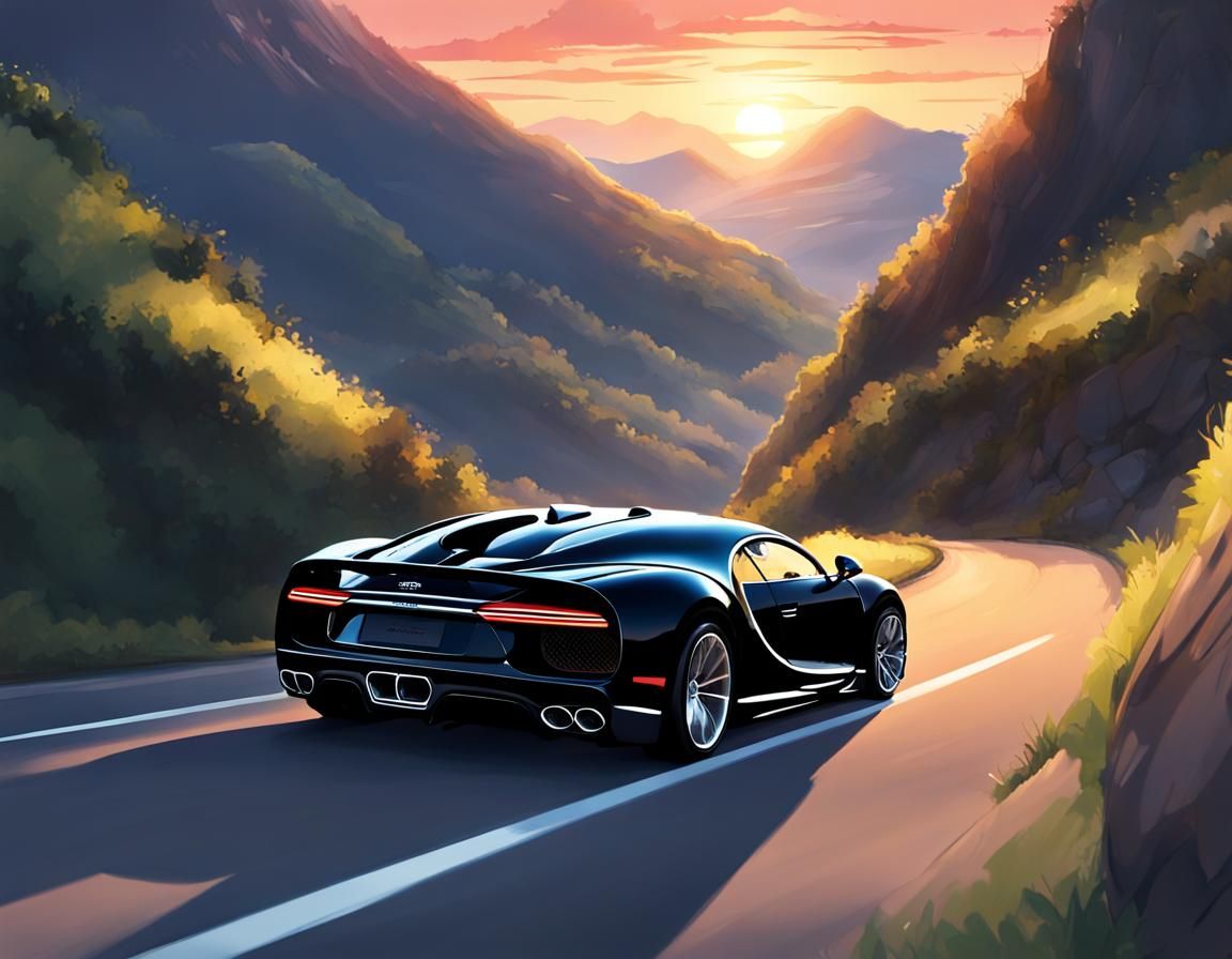 Bugatti Chiron on Mountain Road in Anime Style